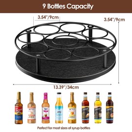 Nuovoware 9 Bottles Rotating Coffee Syrup Rack, Syrup Rack Organizer Carbon Steel Frame with Wooden Base Bottle Holder for Coffee Flavored Syrups Table Top Thermos Liquor, Black+Black