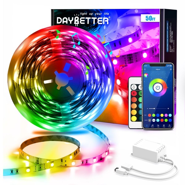 DAYBETTER Led Strip Lights Smart with App Control Remote, 5050 RGB for Bedroom, Music Sync Color Changing for Room Party 50ft