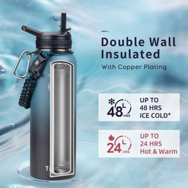 Trebo Stainless Steel Water Bottle 1.2L, Wide Mouth Insulated Water Bottle Double with Paracord Handle Sports Bottle Keep Cold 48 Hours Water Bottle with 3 Lids, Indigo/Black