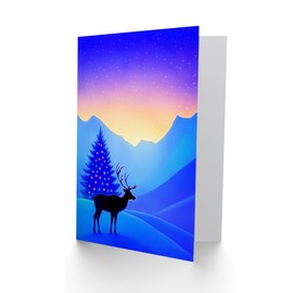 Wee Blue Coo Greeting Card Winter Wonderland Sunrise Reindeer Decorated Tree Blank For Him Or Her Art Xmas Christmas Card