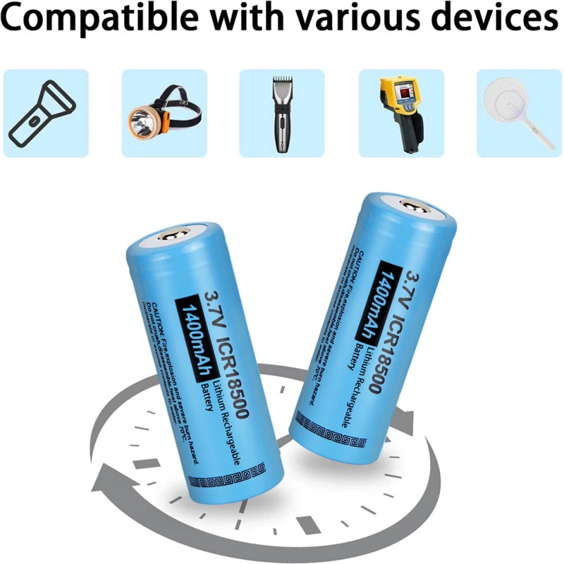 PKCELL 2Pcs Rechargeable Li-ion Batteries ICR 18500 1400mAh 3.7V Button