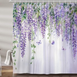 Purple Lavender Floral Butterfly Shower Curtain, Spring Purple Lilac Flower Leaves Fabric Shower Curtains Set for Girl Bathroom Decorative, Watercolor Restroom Decor Accessories with Hooks 72X72 Inch