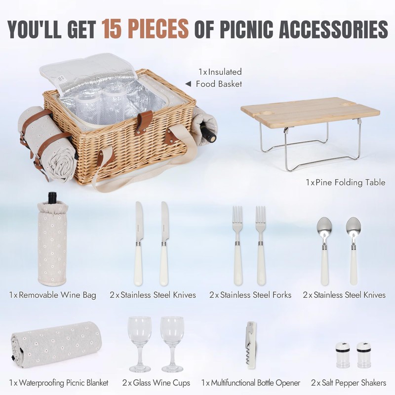HappyPicnic Picnic Basket for 2, Handmade Wicker Picnic Set with