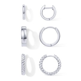 PAVOI Rhodium Plated Sterling Silver Posts 4 Pairs Small Hoop Earrings Set | Plain Rope Wide Huggie Hoop Pack Earscape for Women 15mm 14mm 12mm