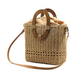 Straw Handbag Crossbody Shoulder Bag Woven Purse Summer Chic Bucket Pocketbook Top Handle Satchel, Khaki