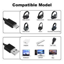 Gneinour Micro USB Cable Compatible with Bose QC35, QC35 II, QC25, QC20 & Soundlink Around-Ear Wireless Headphones, 25cm (Black)