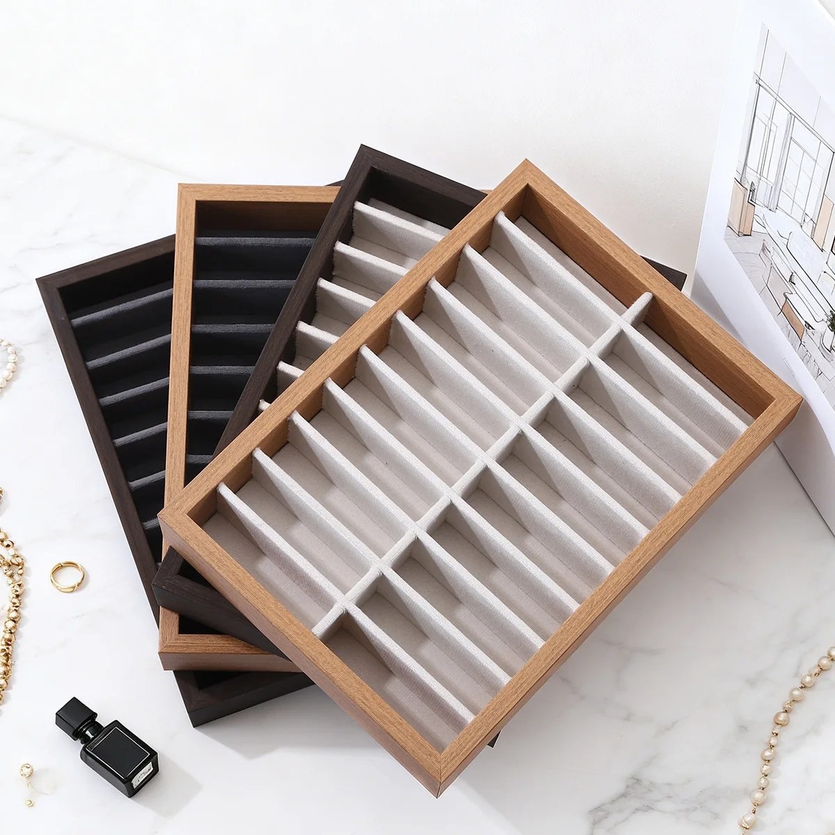 Vellure Jewelry Organizer Drawer – Wooden Velvet Tray for Bracelets and Watches, Dresser Storage and Display