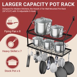 Hoooh 30-Inch Wall-Mounted Kitchen Pot Rack - 2-Tier Heavy Duty Iron Shelf with 15 S-Hooks, Matte Black Finish - Space-Saving Storage for Pots, Pans & Cooking Utensils