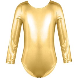 FUREINSTORE Ballet Gymnastics Classical Shiny Elastic Dance Leotard Girls Long Sleeve Round Neck Ballerina Leotard, gold