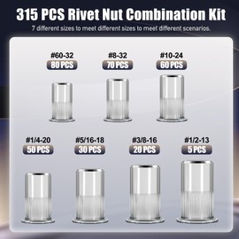 Rivet Nut Tool Kit,160Pcs SAE Rivet Nut Assortment Kit #6-32, #8-32, #10-24, 1/4-20, 5/16-18, 3/8-16, 1/2-13, Stainless Steel Flat Head Rivnut Set,Rivnut Threaded Insert Nut