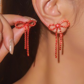 Silver Bow Earrings for Women Trendy Silver Rhinestone Earrings Dangling Silver Sparkly Dangle Bow Earrings for Women Wedding Earrings for Brides Bow Jewelry (Red)