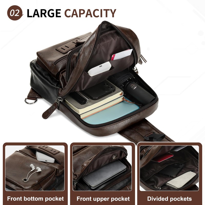 SUIKIHUM Vintage PU Leather Sling Backpack for Men, Crossbody Bag,