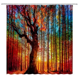 Fall Shower Curtain Autumn Tree Sunset Forest Romantic Rustic Nature Seasonal Landscape Fabric Bathroom Decor Sets with Hooks