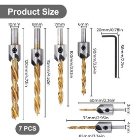 Drill Countersink, 7-Piece Wood Drill Bit with Countersink Drill Wood Twist Drill Set with Hole Reamer Tenon Drill Bit 90° Countersink Countersink Wood Spiral Drill Bit for Wood Processing