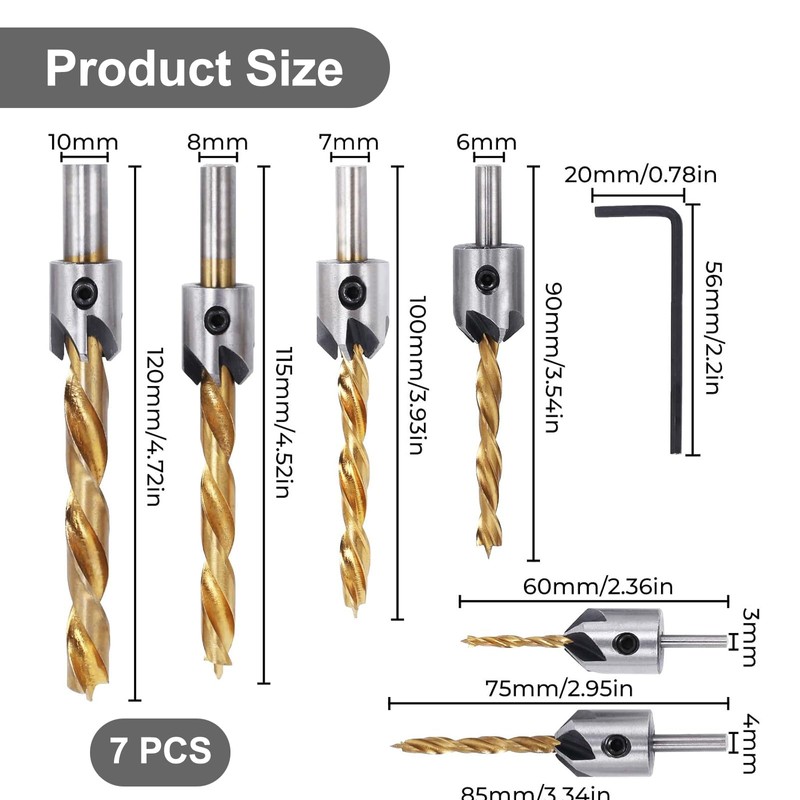 Drill Countersink, 7-Piece Wood Drill Bit with Countersink Drill Wood