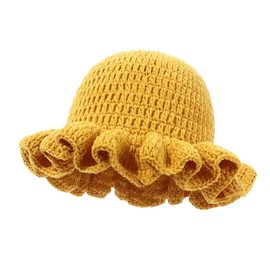 Women's Crochet Ruffled Bucket Hat - Winter Fashion Knitted Hat Foldable Wide Brim Fisherman Beanie Cap Stretchy Knit Hat (US, Alpha, One Size, Yellow)