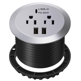 TOPGREENER Desktop Power Grommet with 65W PD for MacBook, GaN Desk Grommet with 1 Fast Charging USB-C Port, 2 USB-A Ports and Duplex Receptacles, TTRP48APD60-SV, Silver