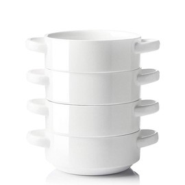 SWEEJAR Ceramic Soup Bowl with Double Handles, 20 Oz Stacked Bowls for French Onion Soup, Cereal, Stew, Chill, Pasta, Set of 4 (White)