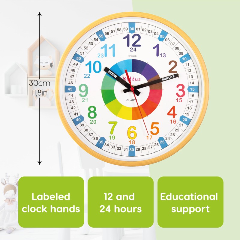 Kiddus Wall Clock for Boys and Girls. Silent Analogue Time