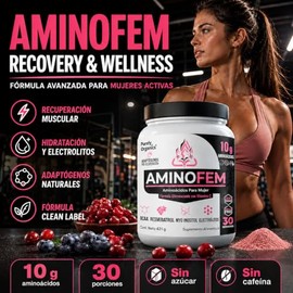 Aminoácidos para Mujer AminoFem, Mezcla de 10 g con BCAA y Glutamina para Recuperación Muscular, Electrolitos Mg/K/Na, Myo-Inositol, Vitaminas C y B9,
