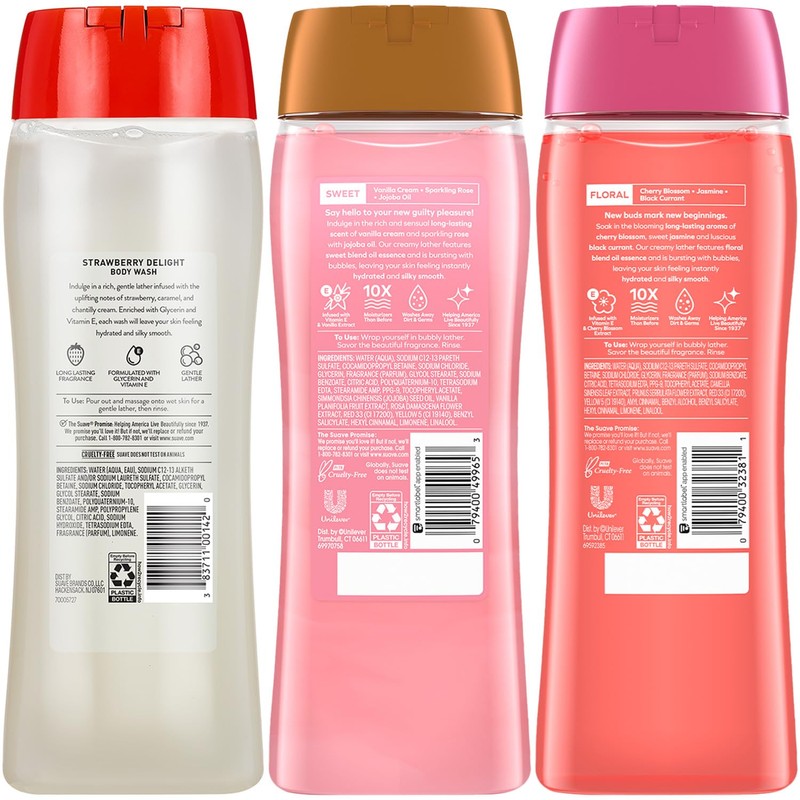 Suave Body Wash Variety 3-Pack – Sweet Vanilla Silk, Strawberry