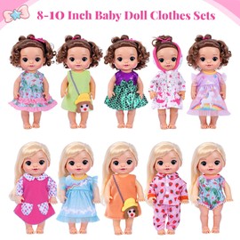 BABESIDE 10 Sets Baby Doll Clothes & Accessories for 8/10/11 Inch Baby Dolls, Includes Cute Jumpsuit & Skirts, 3+ Year Old Girls Gifts, Pretend Play