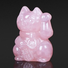SMQ 2.0" Rose Quartz Crystals Lucky Fortune Cat Statue Hand Carved Maneki Neko Gemstone Feng Shui Good Luck Collectible Figurine for Greater Fame and Successful Career(Gift Box)