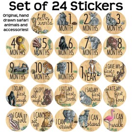 Las pegatinas mensuales de Cohas para bebé incluyen 24 calcomanías de vinilo con fondo de madera, animales de safari
