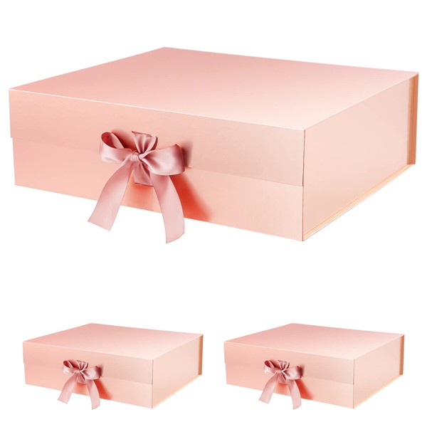 ROSEGLD 3 Extra Large Gift Boxes with Ribbons 16.3x14.2x5 Inches, Collapsible Gift Boxes with Lids, Bridesmaid Proposal Boxes, Magnetic Gift Boxes for Presents (Glossy Rose Gold)