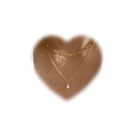 Crymystal Layered Teardrop Necklace Teardrop Crystal Necklace Gold Hollowed Square Necklace Vintage Teardrop Rhinestone Necklace, Zinc Metal