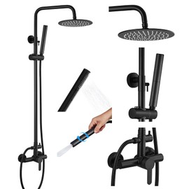 gotonovo Outdoor Shower Kits 304 Stainless Steel 8'' Shower Head with 2 in 1 Cylinder Handheld Spray 2 Function Outside Shower Faucet Set Wall Mount Single Handle Shower Fixtures Matte Black