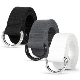 LEACOOLKEY Men Women Double D Ring Canvas Belt with Sliver Buckle Casual Web Fabric Belts Military Belt for Men, H-black+white+gray, Fit Waist Size 46"-50"