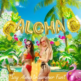 KOZEE Tropical Flamingo Birthday Banner Shiny Card and Flamingo Pineapple Coconut Palm Tree Printed Balloons for Tropical Birthday Hawaiian Theme Decorations