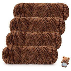 Coopay Velvet Chenille Wool, 400 g (4 x 100 g) Velvet Chenille Yarn Wool for Crochet & Knitting, Super Fluffy Soft Baby Wool for Children, Velvet Chenille Wool for Dolls, Scarf, Blanket - Dark Caramel