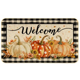 KIYIYZER Fall Buffalo Plaid Welcome Doormat Watercolor Pumpkin Door Mat with Non-Slip Backing Design Indoor Outdoor Thanksgiving Decoration for Farmhouse Party Home Decor 17 X 29 Inch