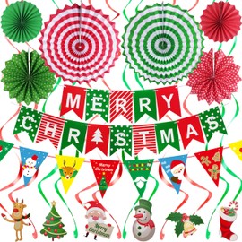 Merry Christmas Banner Party Decorations Kit Paper Fan Flower Hanging Garland Triangle Bunting Xmas Tree Elk Snowman Swirl Streamers for Christmas New Years Eve Indoor Home Decor Party Supplies