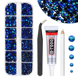 qiipii Sapphire Blue AB Resin Rhinestones w B7000 Jewelry Glue for Bedazzling Crafting 2mm-6mm Dark Blue Flatback Jelly Stones Diamonds Gems Charms for Nails Face Eyes Makeup Tumblers DIY Crafts Decor