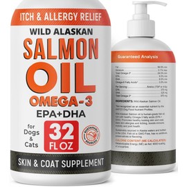 STRELLALAB Salmon Oil Omega 3 for Dogs - 32oz Fish Oil for Pets - Joint Health - Allergy Relief - Itch Relief, Shedding - Skin and Coat Supplement – Wild Alaskan Salmon Oil - 32 fl oz - Krill and Cod