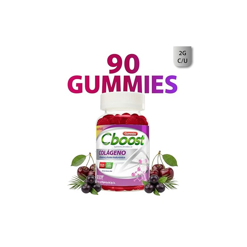Cboost - Gomitas Colágeno, Biotina y Ácido Hialurónico, Cereza, 90