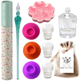 Oblique Love Letters Glass Dip Pen Set Inkwell with Lids, Ink Pot for Glass Fountain Pen Holder