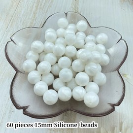Silicone Beads, 60pcs 15mm Silicone Beads for Keychain Making Bulk Round Silicone Beads Rubber Loose Craft Beads for Bracelet Necklace Earring Jewelry DIY Crafts Making (Pearl White)