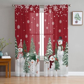 Christmas Curtains Chiffon Sheer Curtains 84 Inches Long Winter Christmas Tree Snowman and Snowflakes Red Curtains for Living Room Bedroom, Rod Pocket Window Curtains Voile Drapes 52"x84", 2 Panels