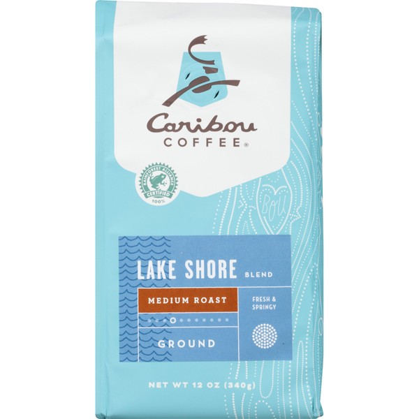 Caribou Coffee Lakeshore Blend, Medium Roast Ground Coffee, 12 Ounce Bag Smooth and Fresh Coffee from Guatemala, El Salvador & East Africa with Delicate Citrus Notes & Silky Body; Sustainably Sourced