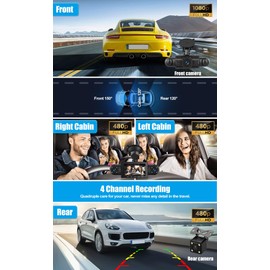 CAMECHO 4 Channel Dash Cam Front and Rear Inside Camera, HD Dash Camera for Cars with 64GB Card, Dash Cam with Night Vision, 3" IPS Screen Dashcam with G-Sensor, Loop Recording, Driving Recorder DVR