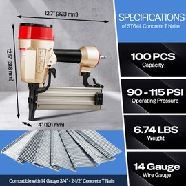 meite 3/4 Inch To 2-1/2 Inch Long Nose Concrete T Nailer ST64L with 400 PCS 1-1/2" Nails for Heavy Duty Concrete/Steel Nailing Applications
