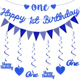 1st Birthday Party Decorations Boys - Blue Happy Birthday Banner Bunting Set with Glitter Garland, Baby First Heart Hanging Swirls for One Birthday Party Supplies