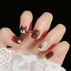 Short Length Press on Nails, Artificial Acrylic Fake Nails for Women, 24PCS Full Cover Reusable False Nails Kits, Cute Bear Nails Design, Glue on Nails Fake Nails for Nail Art