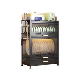 FAQINZYUAN Kitchen Countertop Dish Storage Cabinet with Drawers, 4-Layer Dust-Proof Cabinet for Bottles, Bowls, Console Dining Cupboard (Black)