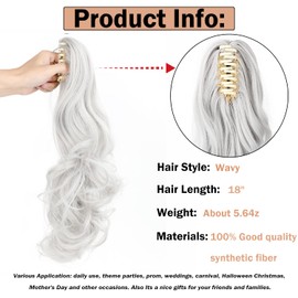 Claw Clip Ponytail Extension 18" Clip in Wavy Ponytail Hair Extensions Long Pony Tails for Women Extensions Silver Grey Wave Hairpiece
