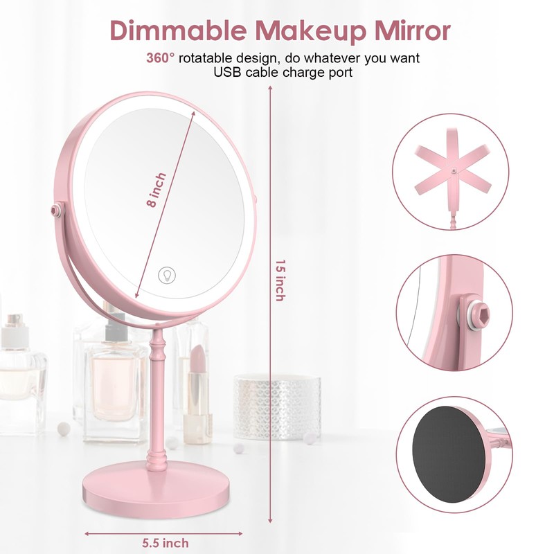 Makeup Mirror, Rechargeable Vanity Mirror with 3 Lights, 1X/10X